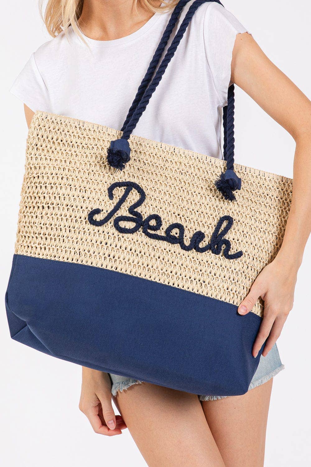 MB0266 Sewn Rope Beach Letter Color Straw Tote Bag: Hot Pink