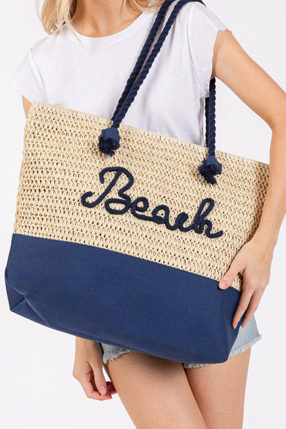 MB0266 Sewn Rope Beach Letter Color Straw Tote Bag: Hot Pink