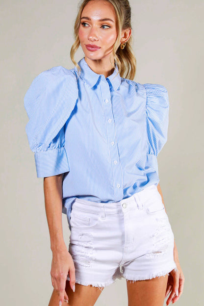 Collared Neck Short Puff Sleeve Striped Blouse VT81707: Black / M