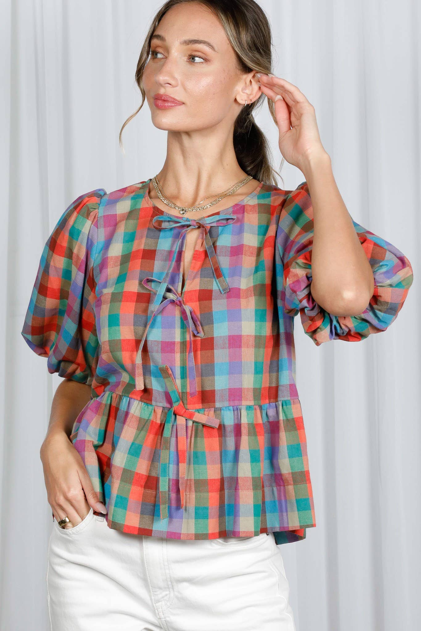 1/3 Open Self Tie Front Plaid Cotton Blouse VT82595A: Multi / M