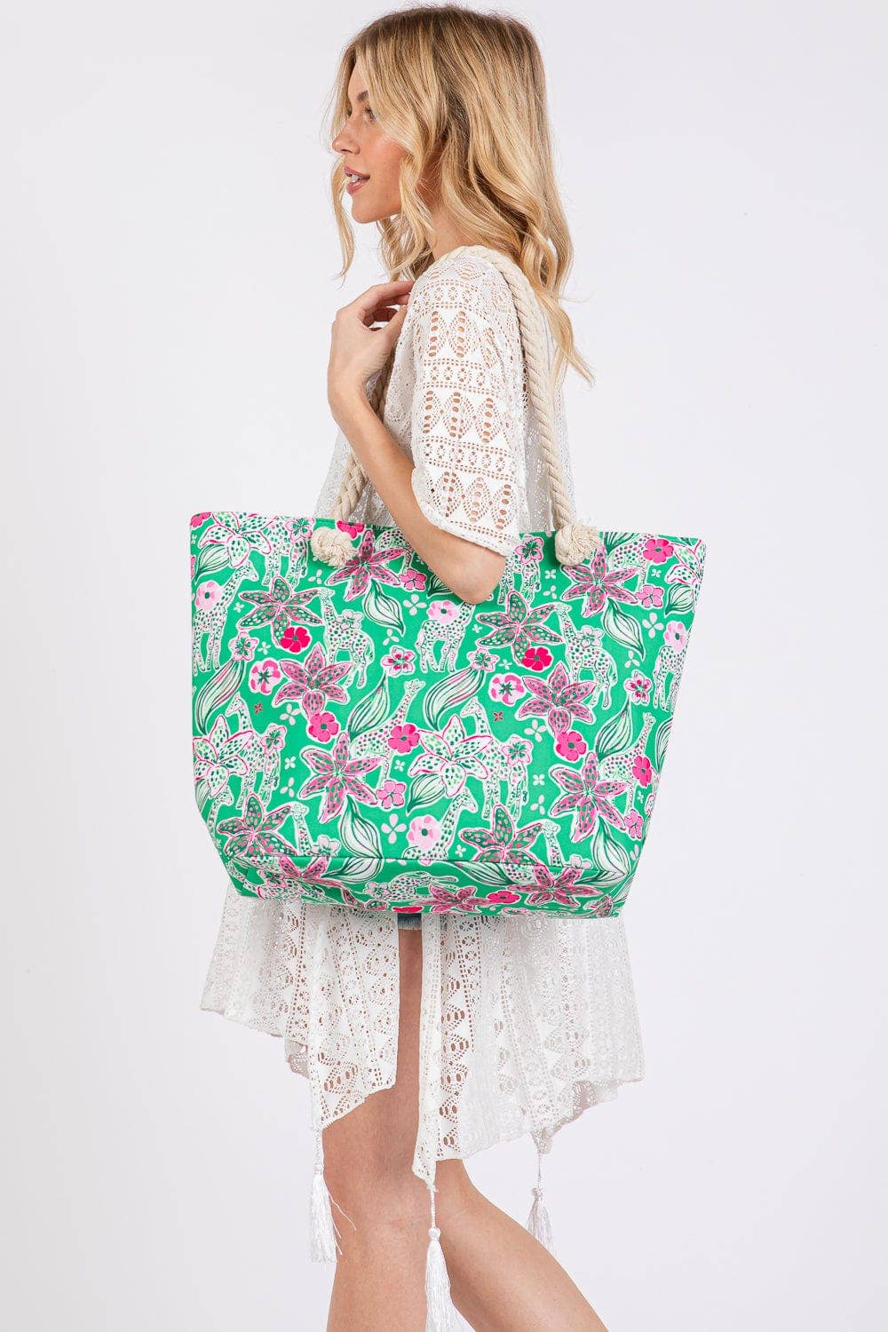 MB0311 Flower Print Rope Strap Tote Bag