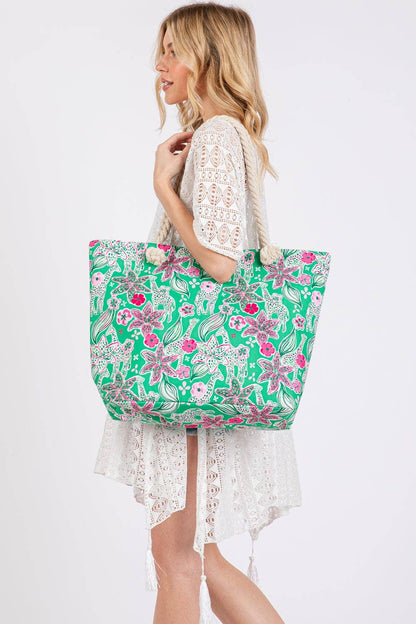 MB0311 Flower Print Rope Strap Tote Bag