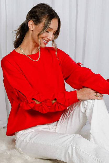 Bow Embellished Long-Sleeve Crew Neck Knit Sweater