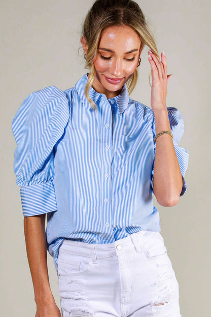 Collared Neck Short Puff Sleeve Striped Blouse VT81707: Black / M