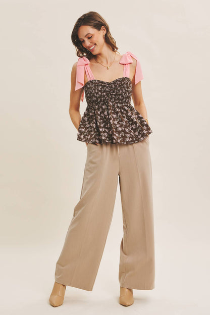 ROMANTIC FLORAL FLOWY SMOCKED TOP WITH BOW STRAPS : IVORY/BLUE / M