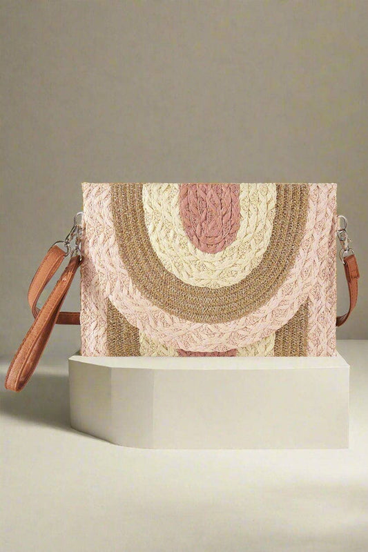 MB0291 Metallic Lined Multi Color Straw Clutch/Crossbody Bag: Rose