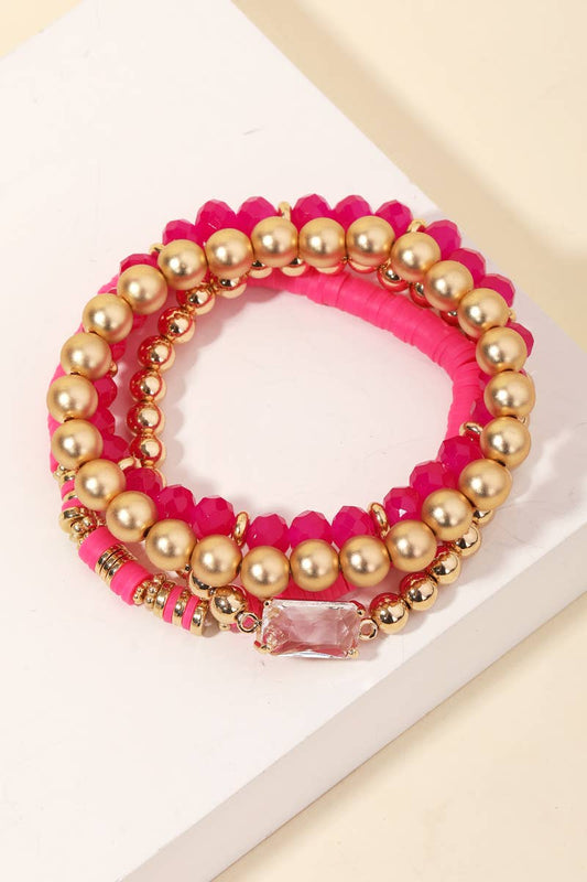Assorted Ball Beaded Stackable Bracelet Set: HPINK