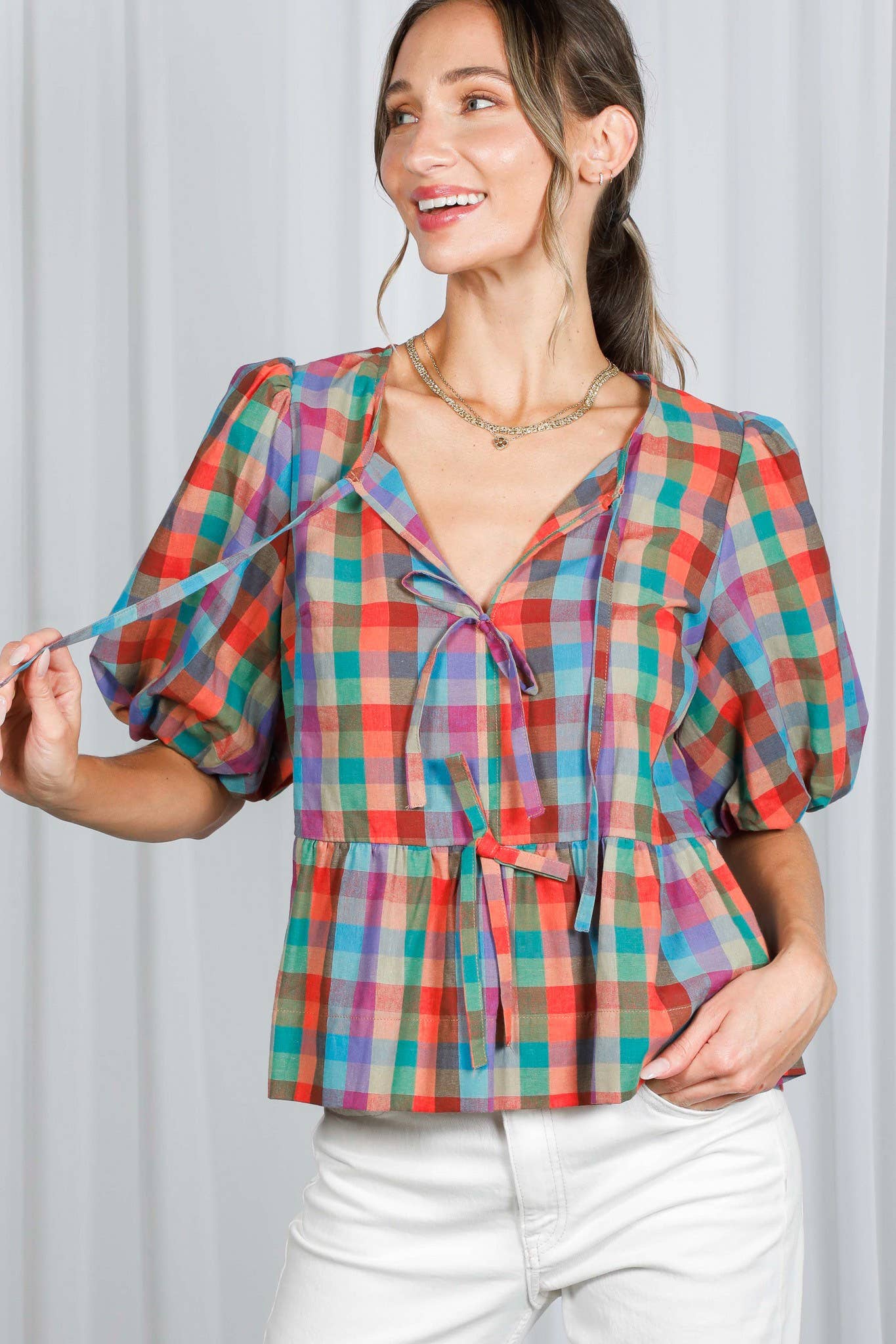 1/3 Open Self Tie Front Plaid Cotton Blouse VT82595A: Multi / M