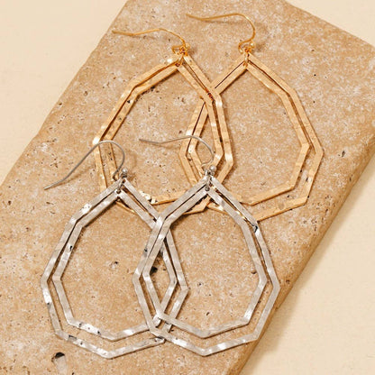 Layered Hammered Oval Tear Dangle Earrings: GD