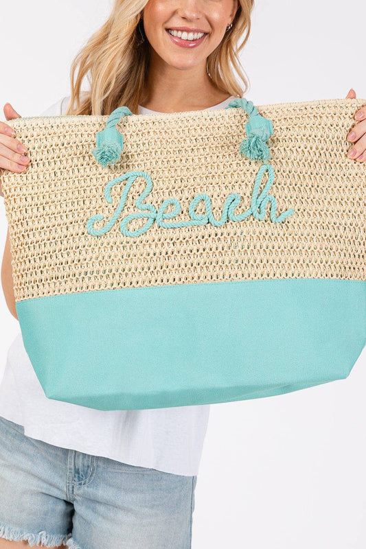 MB0266 Sewn Rope Beach Letter Color Straw Tote Bag: Blue