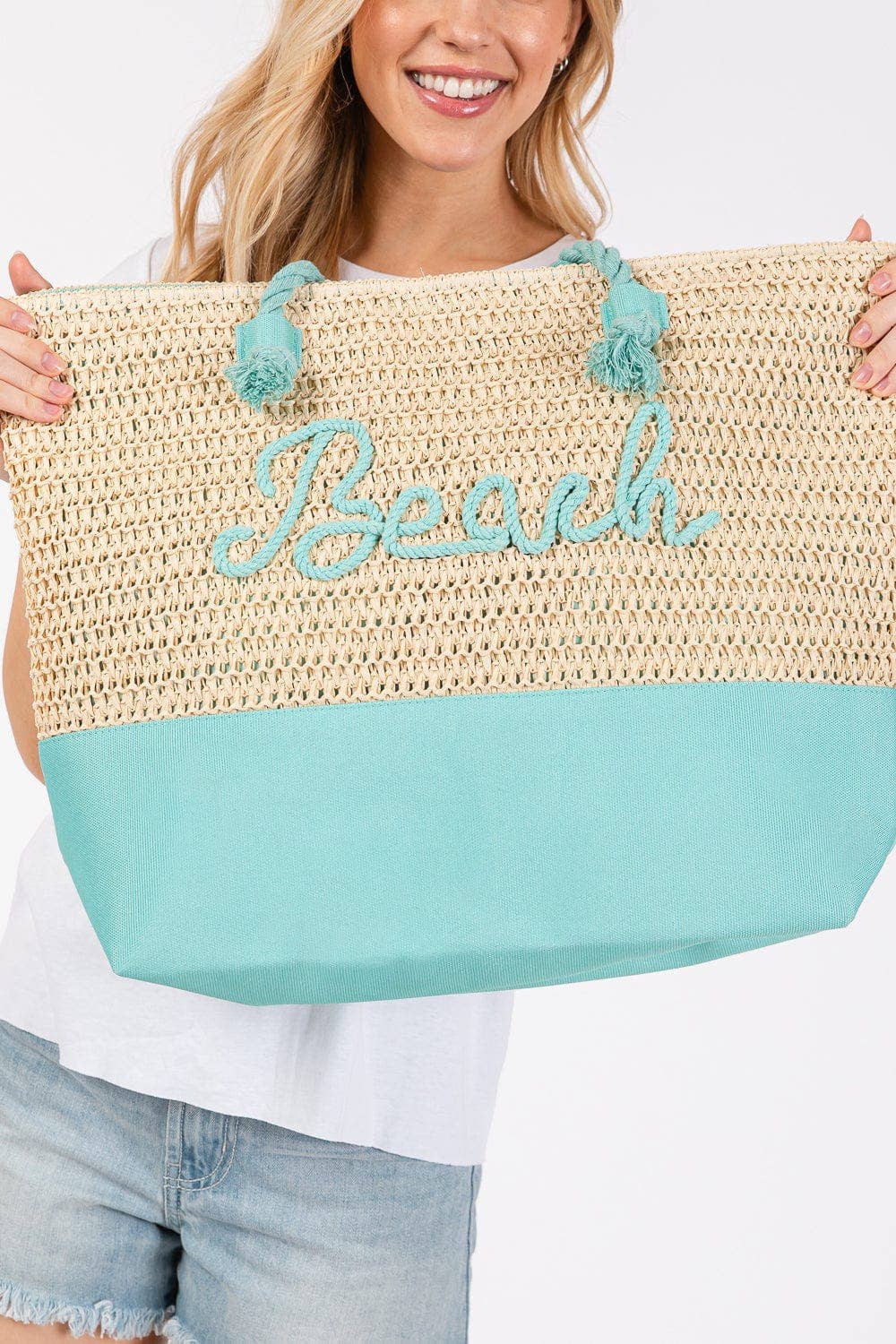 MB0266 Sewn Rope Beach Letter Color Straw Tote Bag: Hot Pink