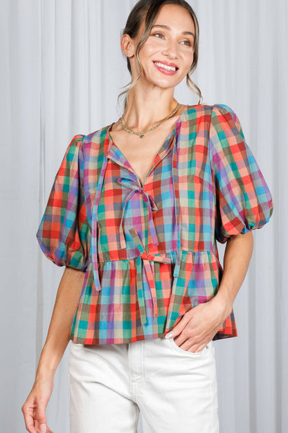 1/3 Open Self Tie Front Plaid Cotton Blouse VT82595A: Multi / S