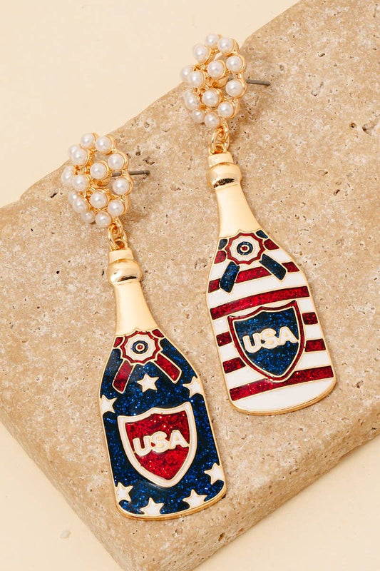 4Th Of July Usa Themed Champagne Dangle Earrings: USA