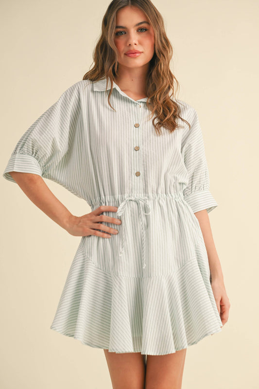 D2240   STRIPED PATTERN BUTTONDOWN SHIRT DRESS: SAGE STRIPE