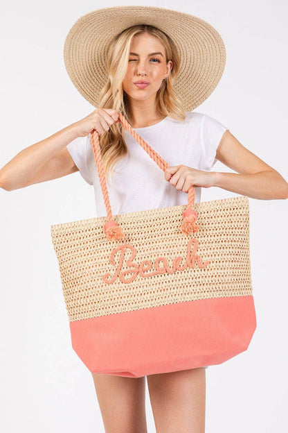 MB0266 Sewn Rope Beach Letter Color Straw Tote Bag: Hot Pink