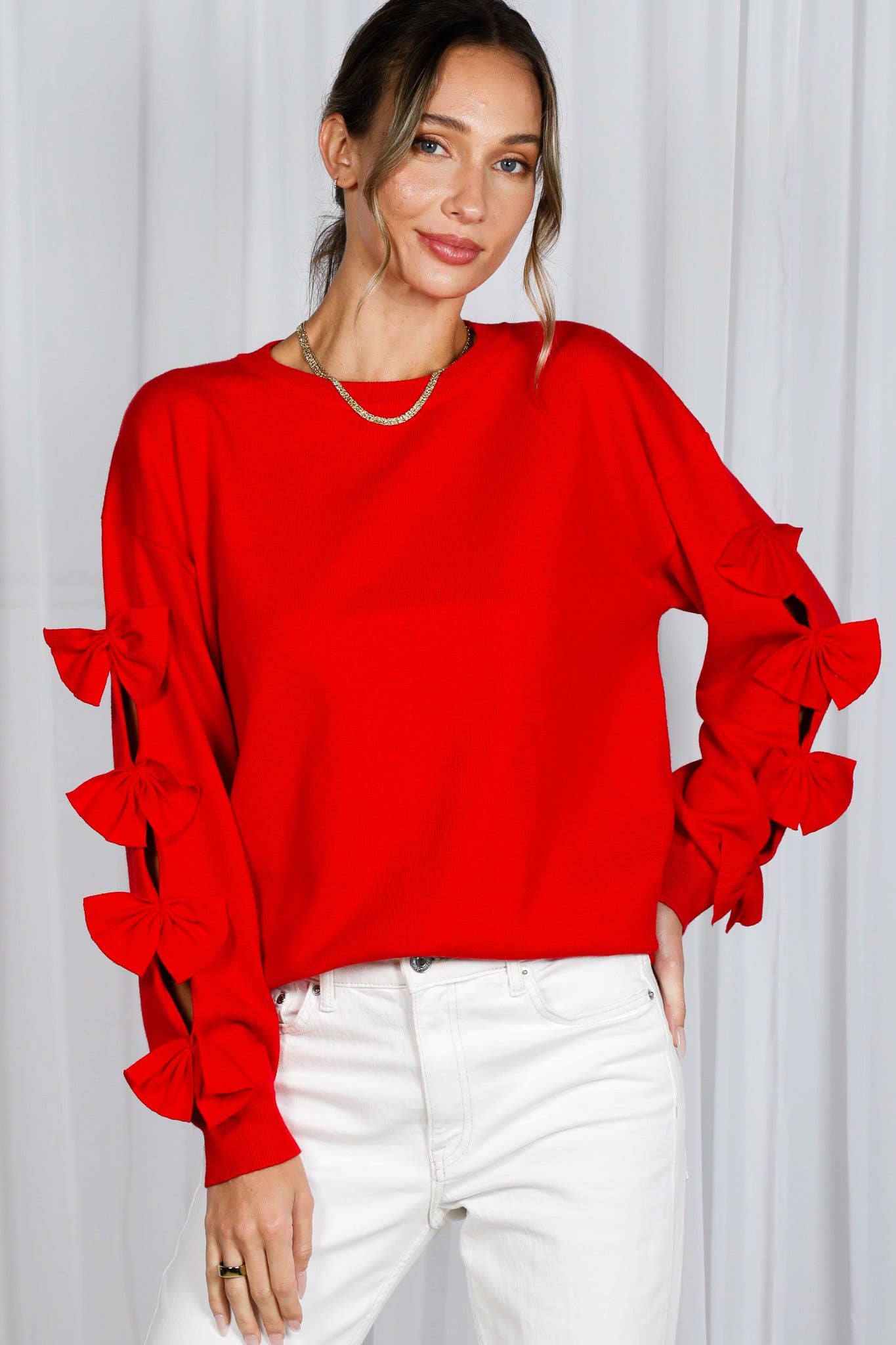 Bow Embellished Long-Sleeve Crew Neck Knit Sweater