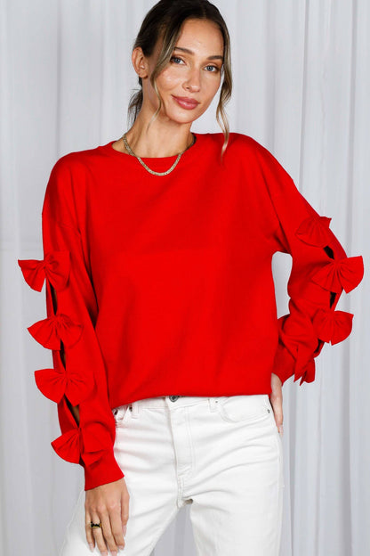 Bow Embellished Long-Sleeve Crew Neck Knit Sweater