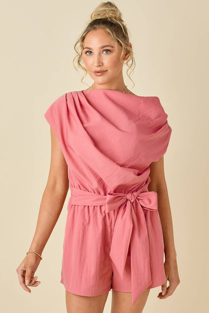 Draped unbalanced drop shoulder romper: AQUA / S