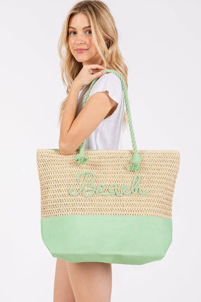 MB0266 Sewn Rope Beach Letter Color Straw Tote Bag: Hot Pink