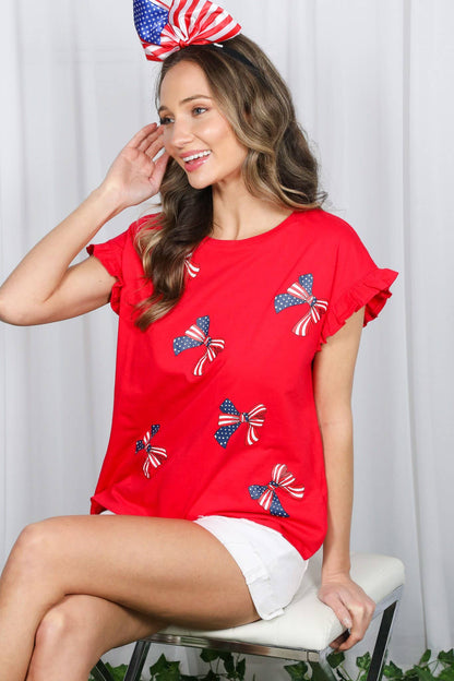American Flag Bow Graphic Crew Neck 100% Cotton Top VT82411B: Red / M