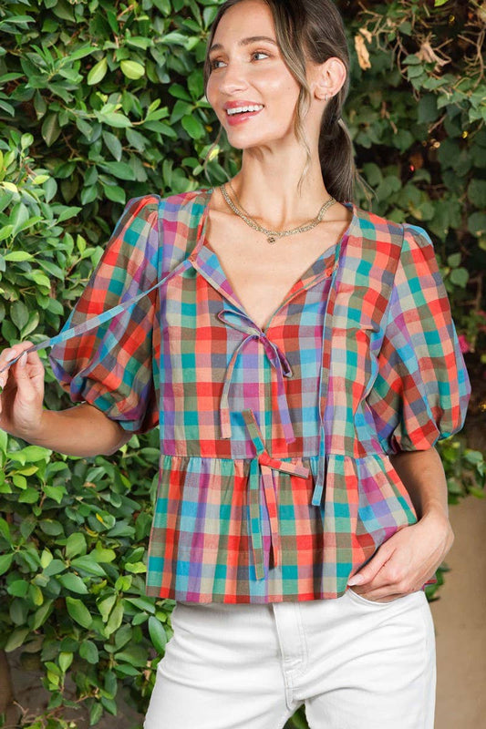 1/3 Open Self Tie Front Plaid Cotton Blouse VT82595A: Multi / S