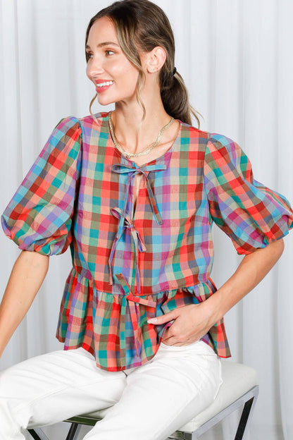 1/3 Open Self Tie Front Plaid Cotton Blouse VT82595A: Multi / S