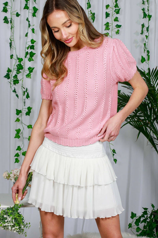 High Rise Tiered Pleated Elastic Smocked Mini Skirt VS81980: Off White / S