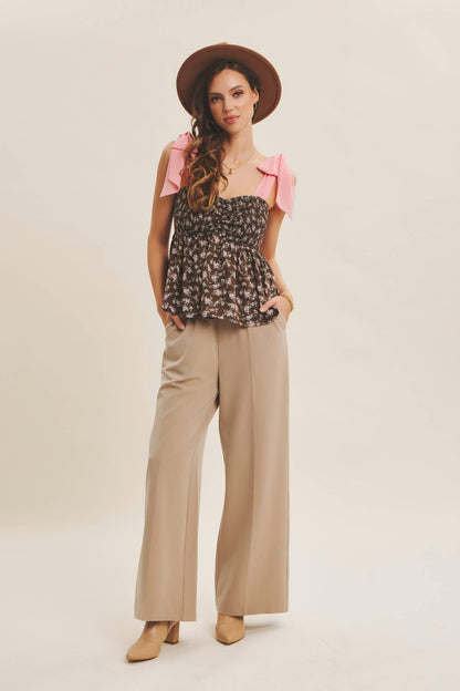 ROMANTIC FLORAL FLOWY SMOCKED TOP WITH BOW STRAPS : IVORY/BLUE / M