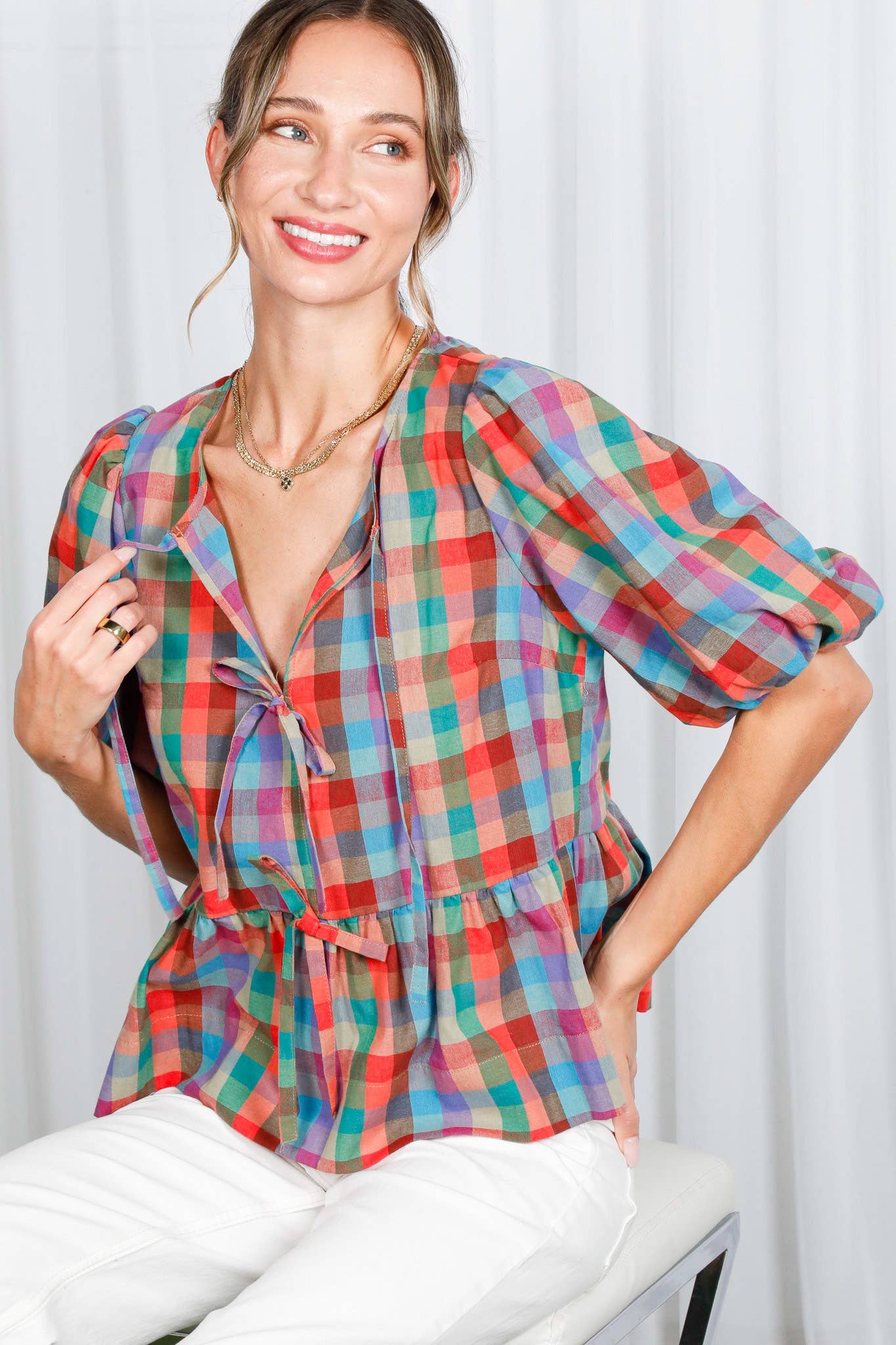 1/3 Open Self Tie Front Plaid Cotton Blouse VT82595A: Multi / M