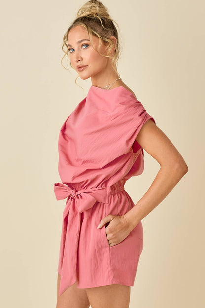 Draped unbalanced drop shoulder romper: AQUA / L