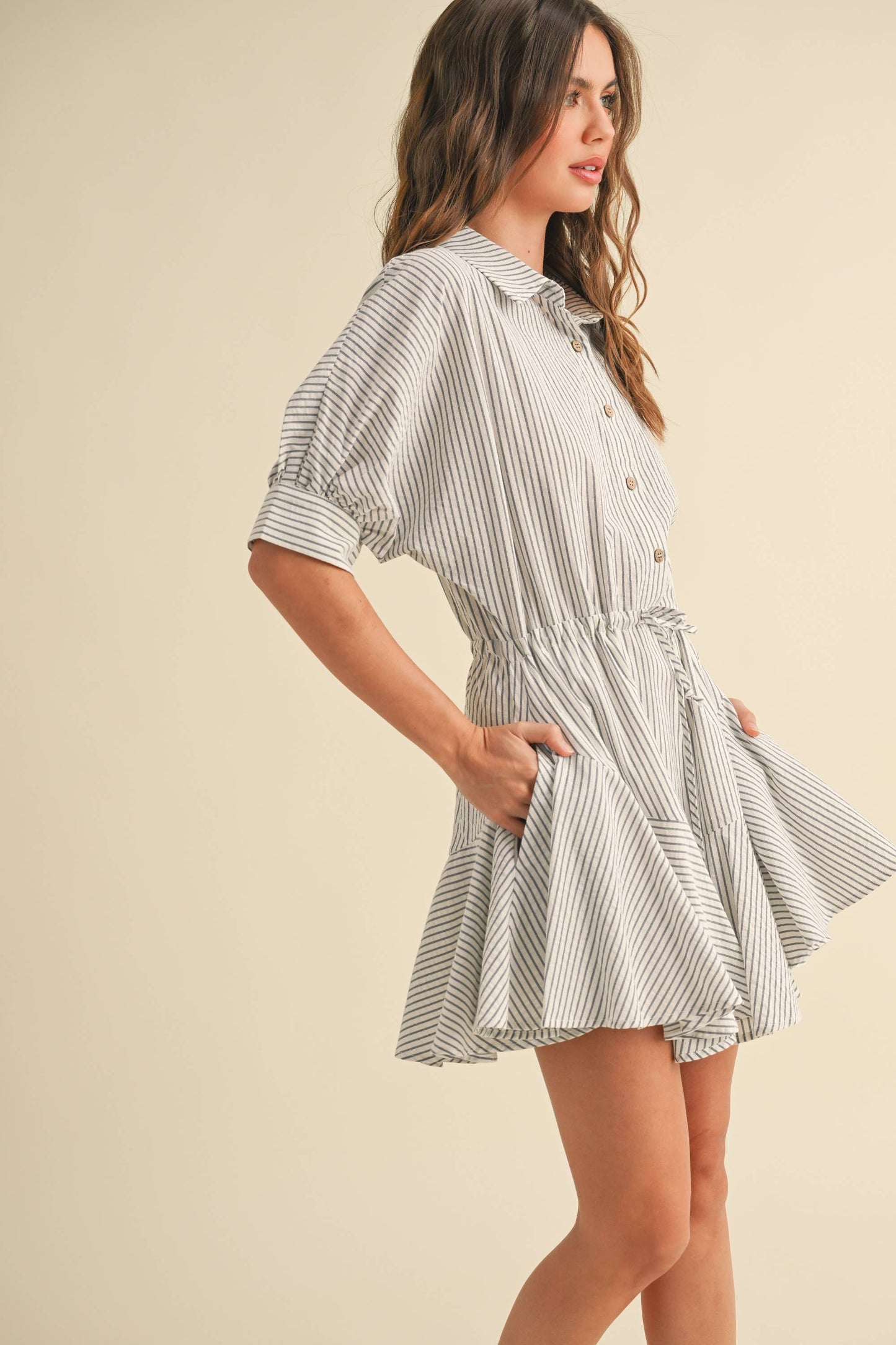 D2240   STRIPED PATTERN BUTTONDOWN SHIRT DRESS: SAGE STRIPE