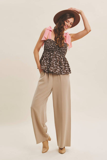 ROMANTIC FLORAL FLOWY SMOCKED TOP WITH BOW STRAPS : IVORY/BLUE / M