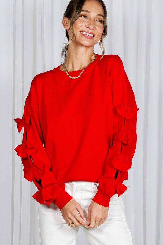 Bow Embellished Long-Sleeve Crew Neck Knit Sweater VT82605: Red / L