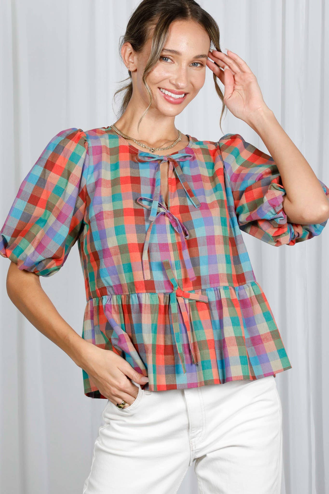 1/3 Open Self Tie Front Plaid Cotton Blouse VT82595A: Multi / S