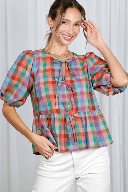 1/3 Open Self Tie Front Plaid Cotton Blouse VT82595A: Multi / S