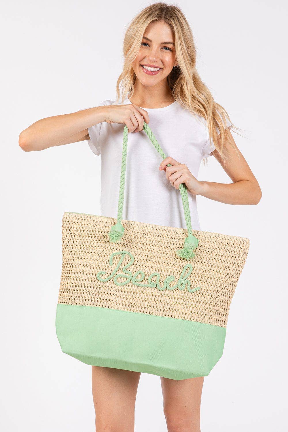 MB0266 Sewn Rope Beach Letter Color Straw Tote Bag: Hot Pink