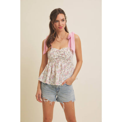 ROMANTIC FLORAL FLOWY SMOCKED TOP WITH BOW STRAPS : IVORY/BLUE / M
