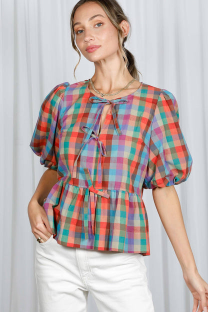 1/3 Open Self Tie Front Plaid Cotton Blouse VT82595A: Multi / M