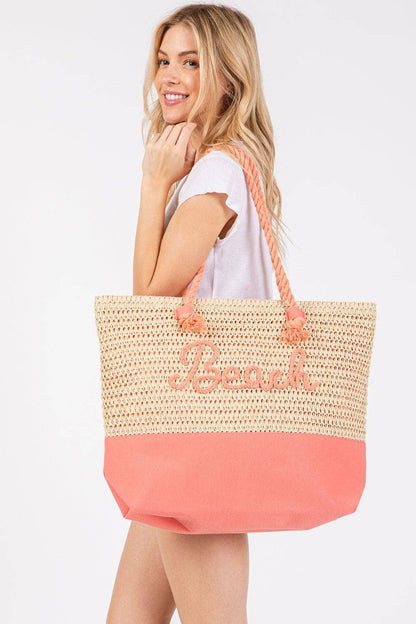 MB0266 Sewn Rope Beach Letter Color Straw Tote Bag: Hot Pink