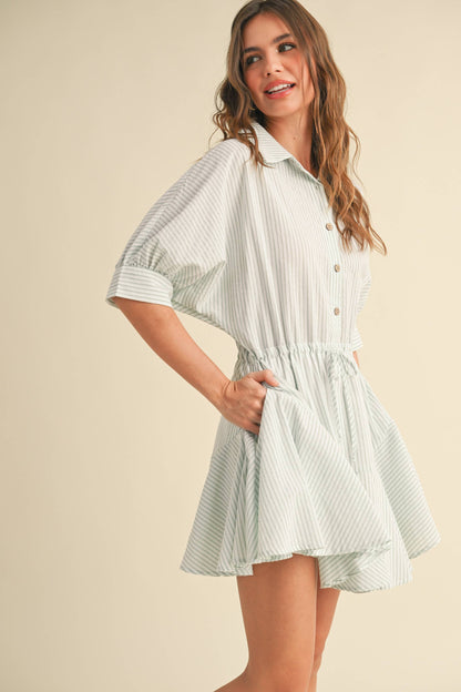 D2240   STRIPED PATTERN BUTTONDOWN SHIRT DRESS: SAGE STRIPE