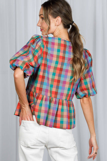 1/3 Open Self Tie Front Plaid Cotton Blouse VT82595A: Multi / S