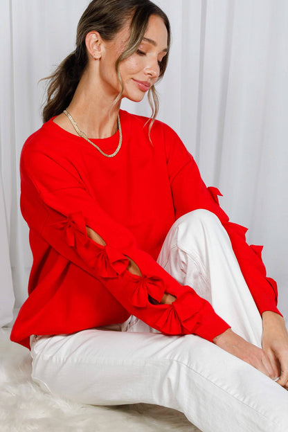 Bow Embellished Long-Sleeve Crew Neck Knit Sweater