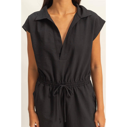 DZ25C253-Collared Romper with Buttonless Placket: BLACK / S-M-L(2-2-2)