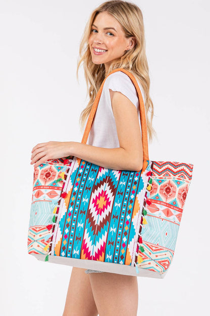 MB0302 Brianne Aztec Print Fringe Tote Bag
