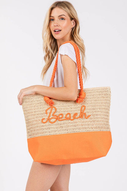 MB0266 Sewn Rope Beach Letter Color Straw Tote Bag: Hot Pink