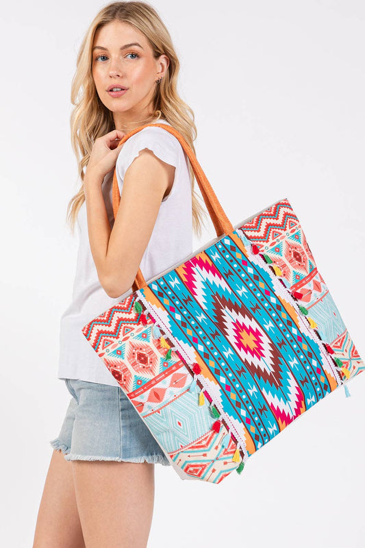 MB0302 Brianne Aztec Print Fringe Tote Bag