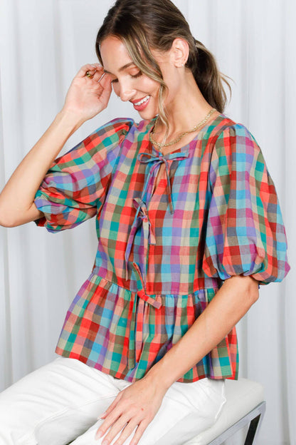 1/3 Open Self Tie Front Plaid Cotton Blouse VT82595A: Multi / S