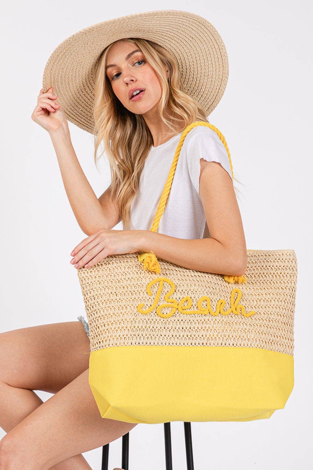 MB0266 Sewn Rope Beach Letter Color Straw Tote Bag: Hot Pink
