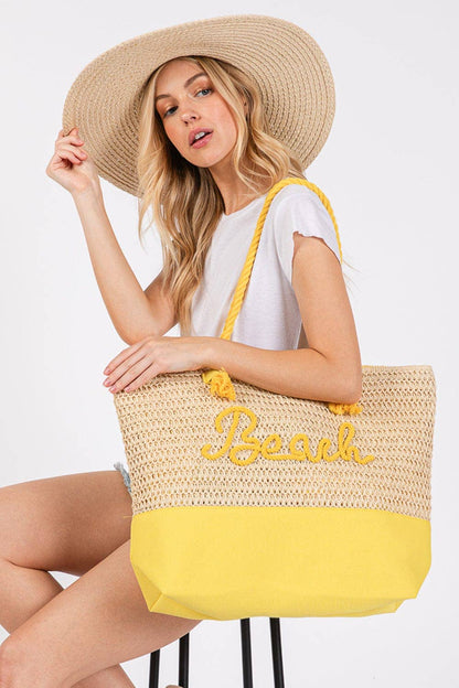 MB0266 Sewn Rope Beach Letter Color Straw Tote Bag: Hot Pink