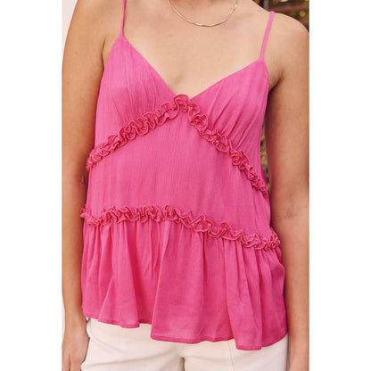 RUFFLE DETAIL TIERED BABYDOLL CAMI TOP: HOT PINK / M